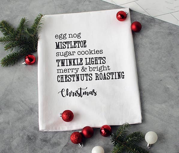 ellembee gift - White Christmas Egg Nog Mistletoe Favorite Things Tea Towel