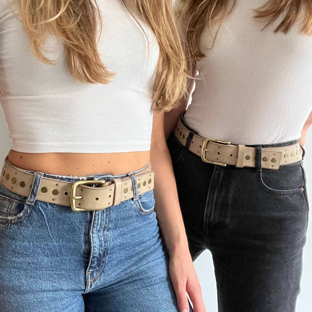 40044 Faye | Studded Vintage Leather Belt: M/L-95 / Creme