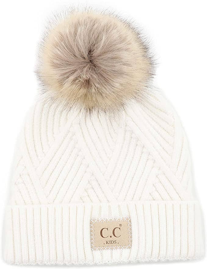 Kids Diagonal Stripes Faux Fur Pom w/ Patch - White