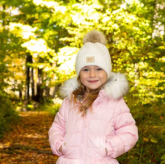 Kids Diagonal Stripes Faux Fur Pom w/ Patch - White
