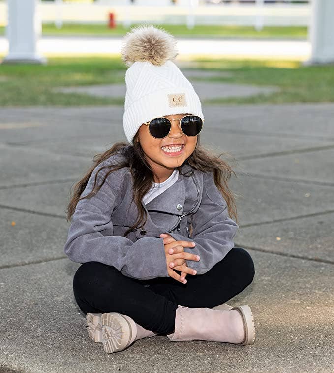 Kids Diagonal Stripes Faux Fur Pom w/ Patch - White