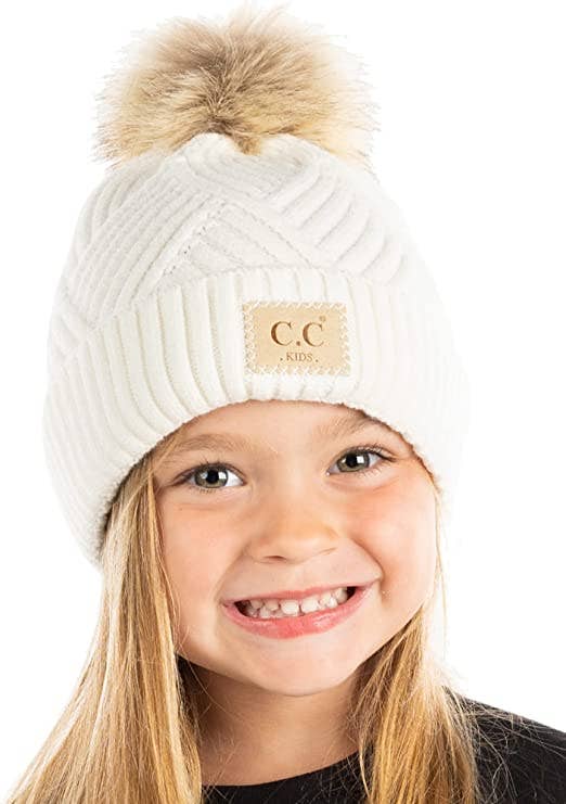 Kids Diagonal Stripes Faux Fur Pom w/ Patch - White