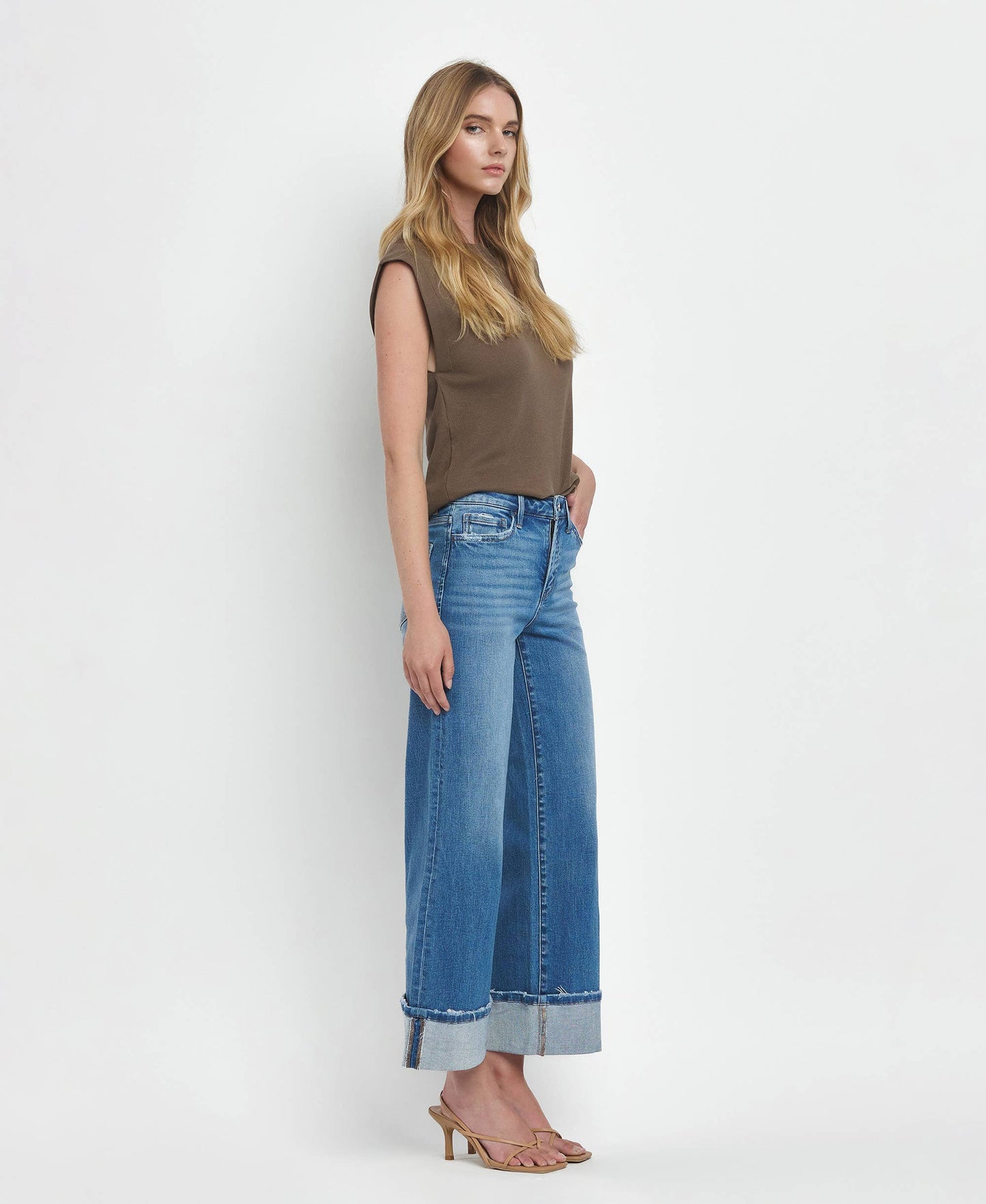 FLYING MONKEY - HIGH RISE CUFFED WIDE JEANS F5890: MOORLAND / 29
