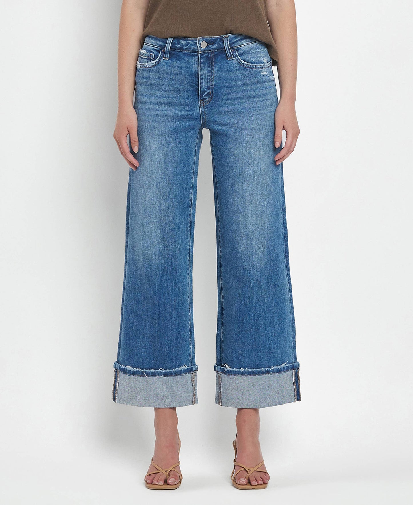 FLYING MONKEY - HIGH RISE CUFFED WIDE JEANS F5890: MOORLAND / 27