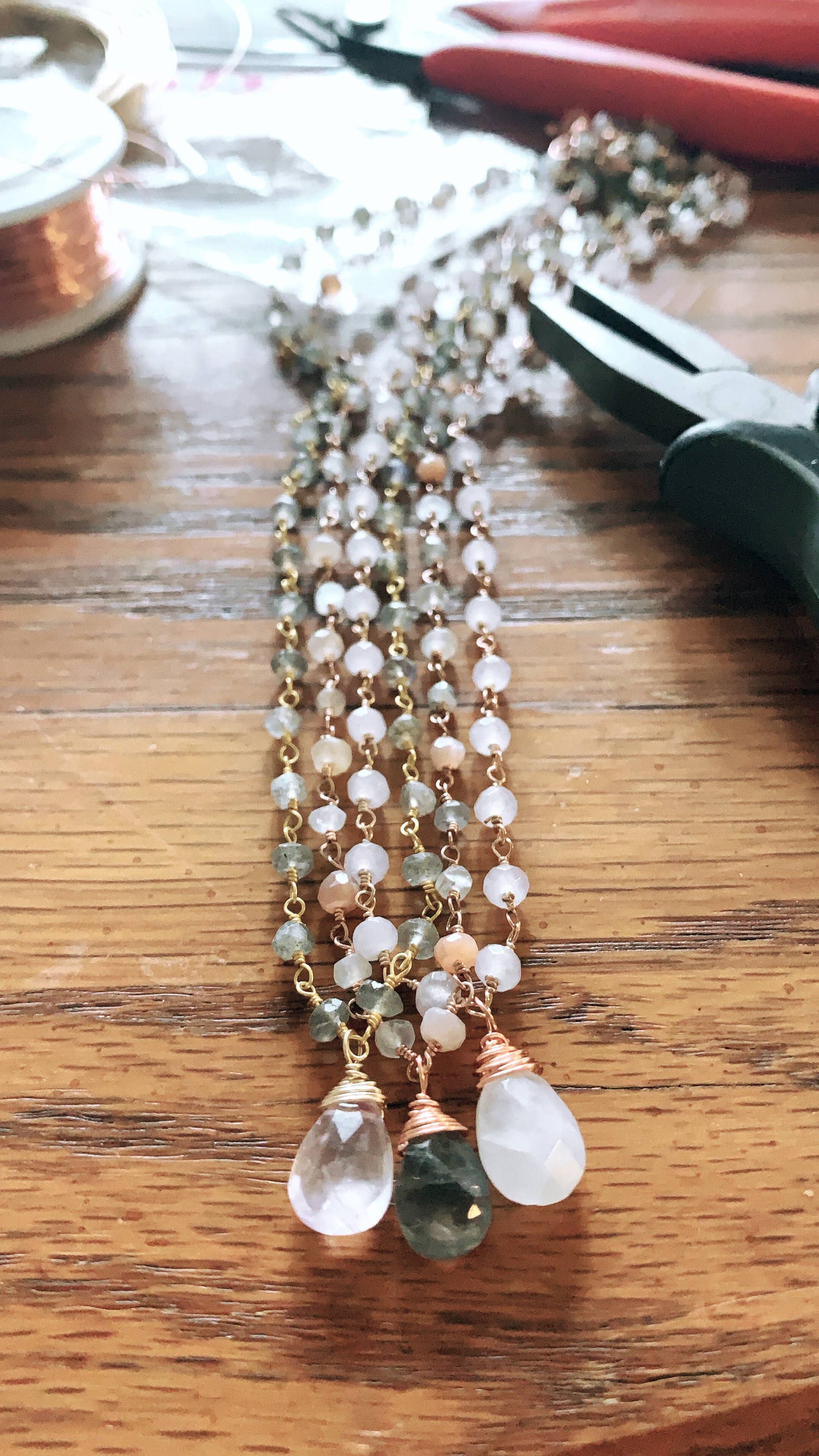 HER Story - Rosary + Briolette Necklace: Peach Moonstone Gold Plated Chain with Moonstone Drop