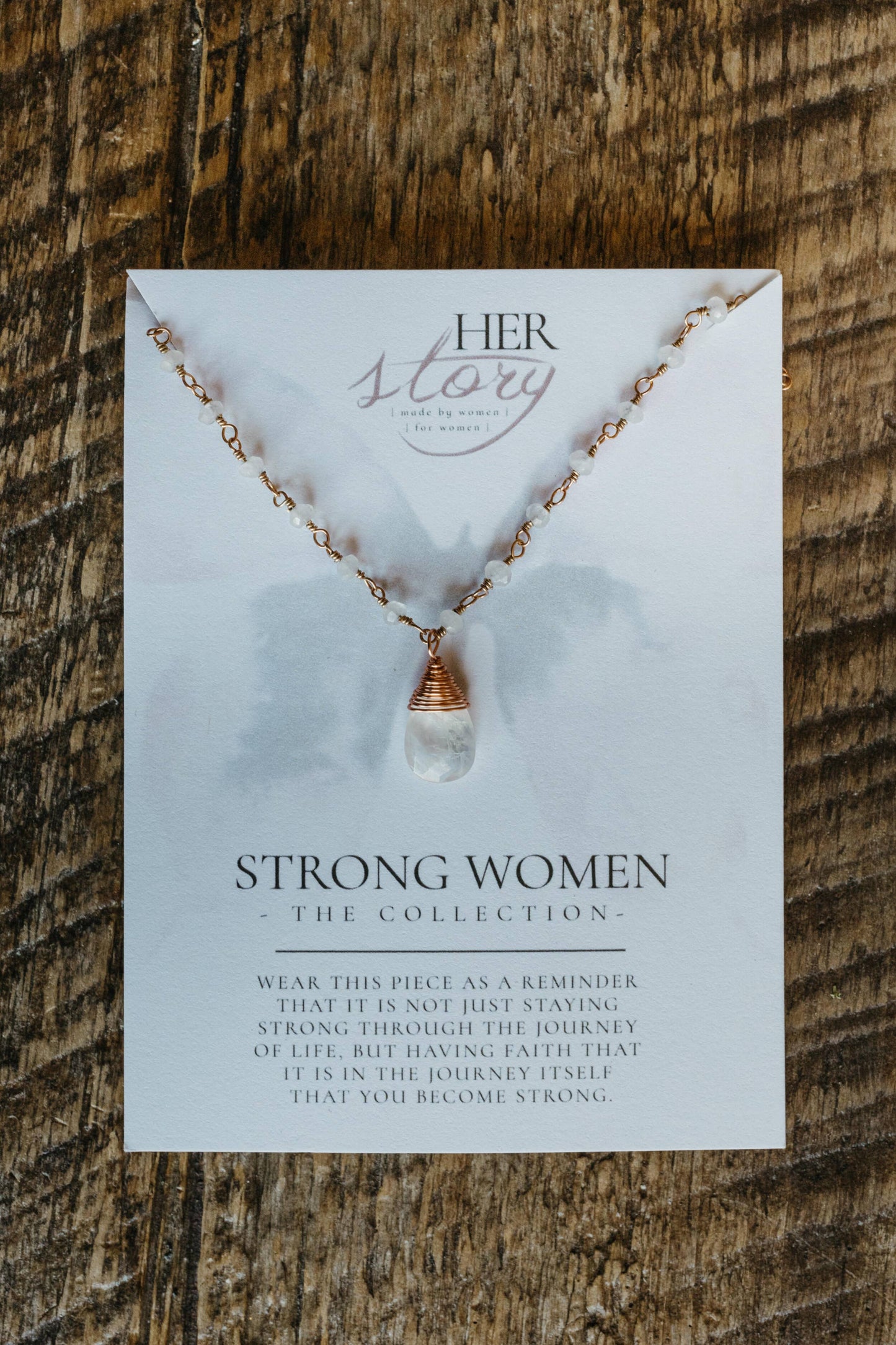 HER Story - Rosary + Briolette Necklace: Peach Moonstone Gold Plated Chain with Rose Quartz Drop