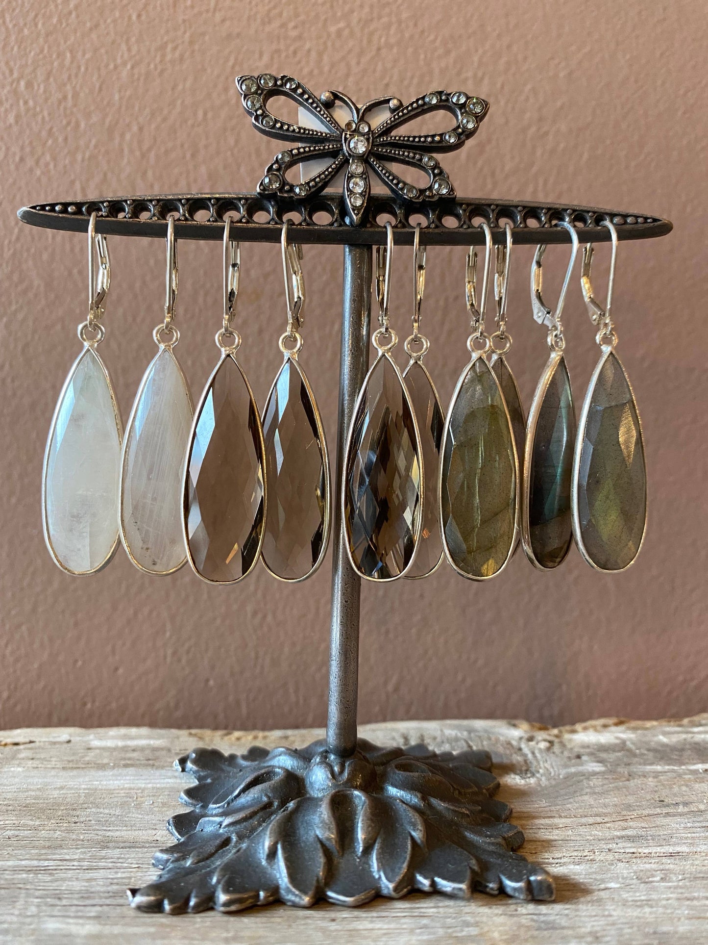 HER Story - Bezel Earrings - Long Teardrop: Smokey Quartz / Gold Plated