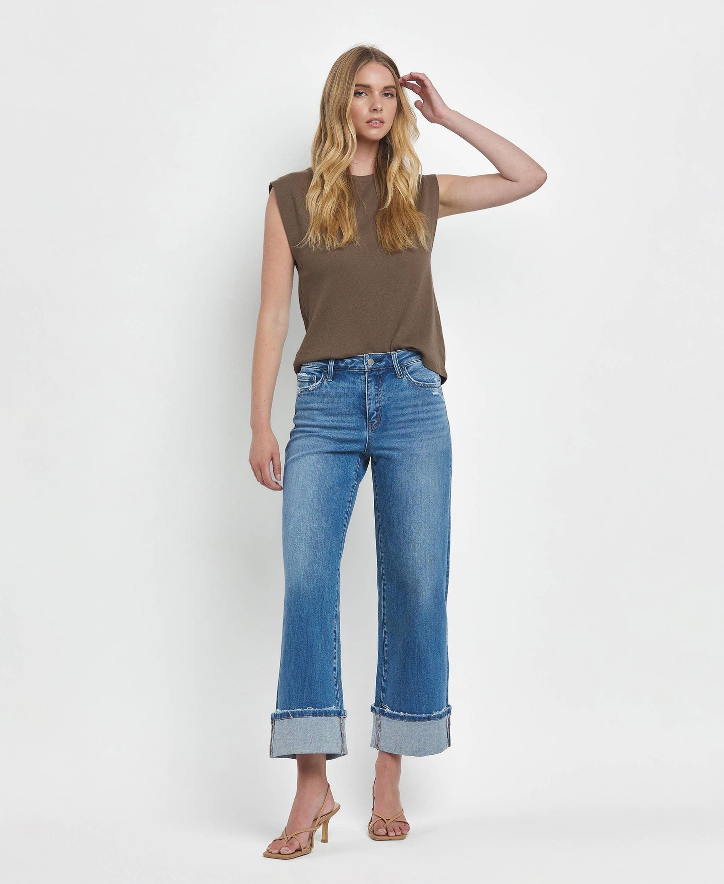 FLYING MONKEY - HIGH RISE CUFFED WIDE JEANS F5890: MOORLAND / 29