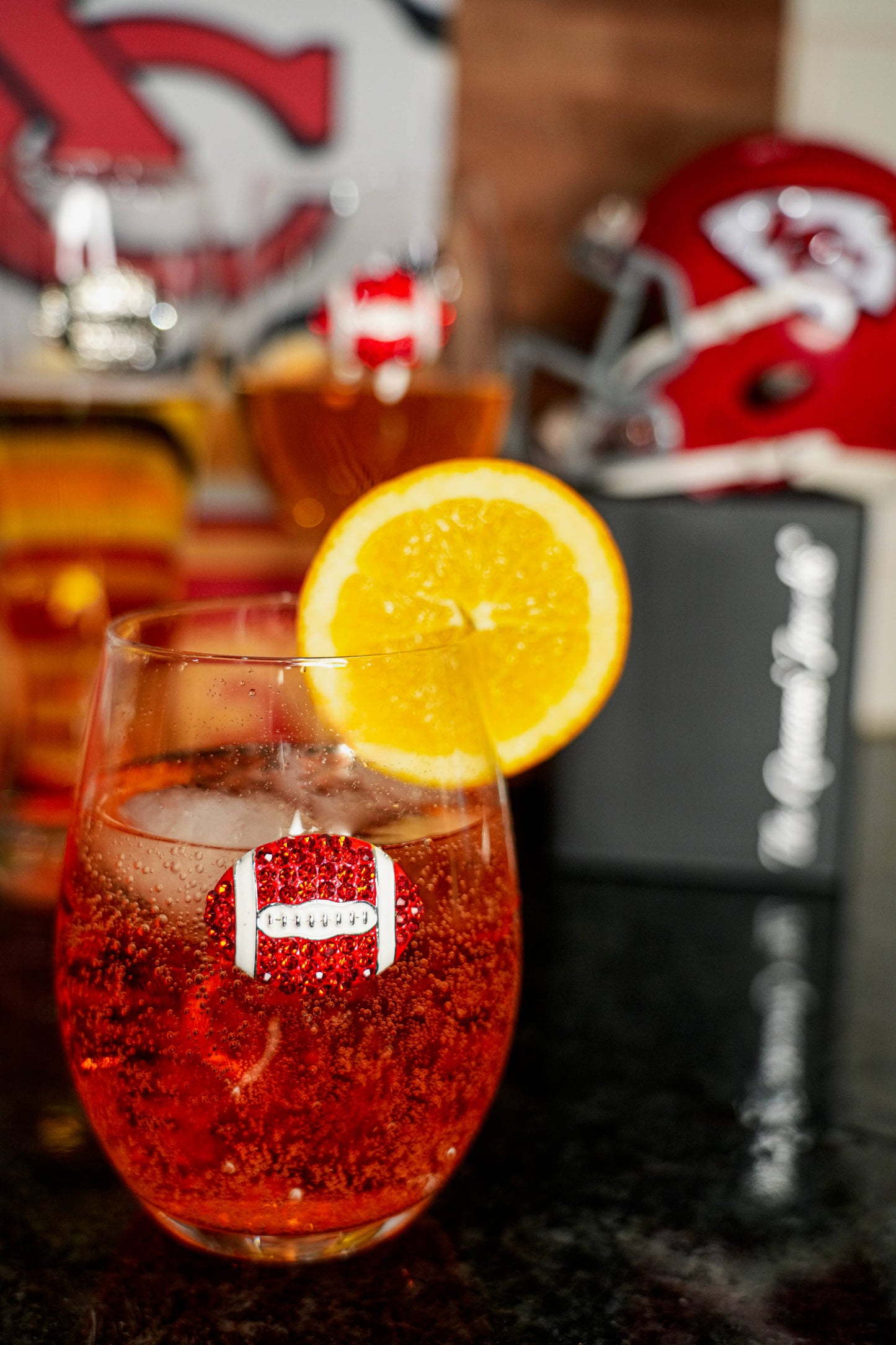 The Queens' Jewels® - Football Jeweled Glassware - Stemless - Red and White