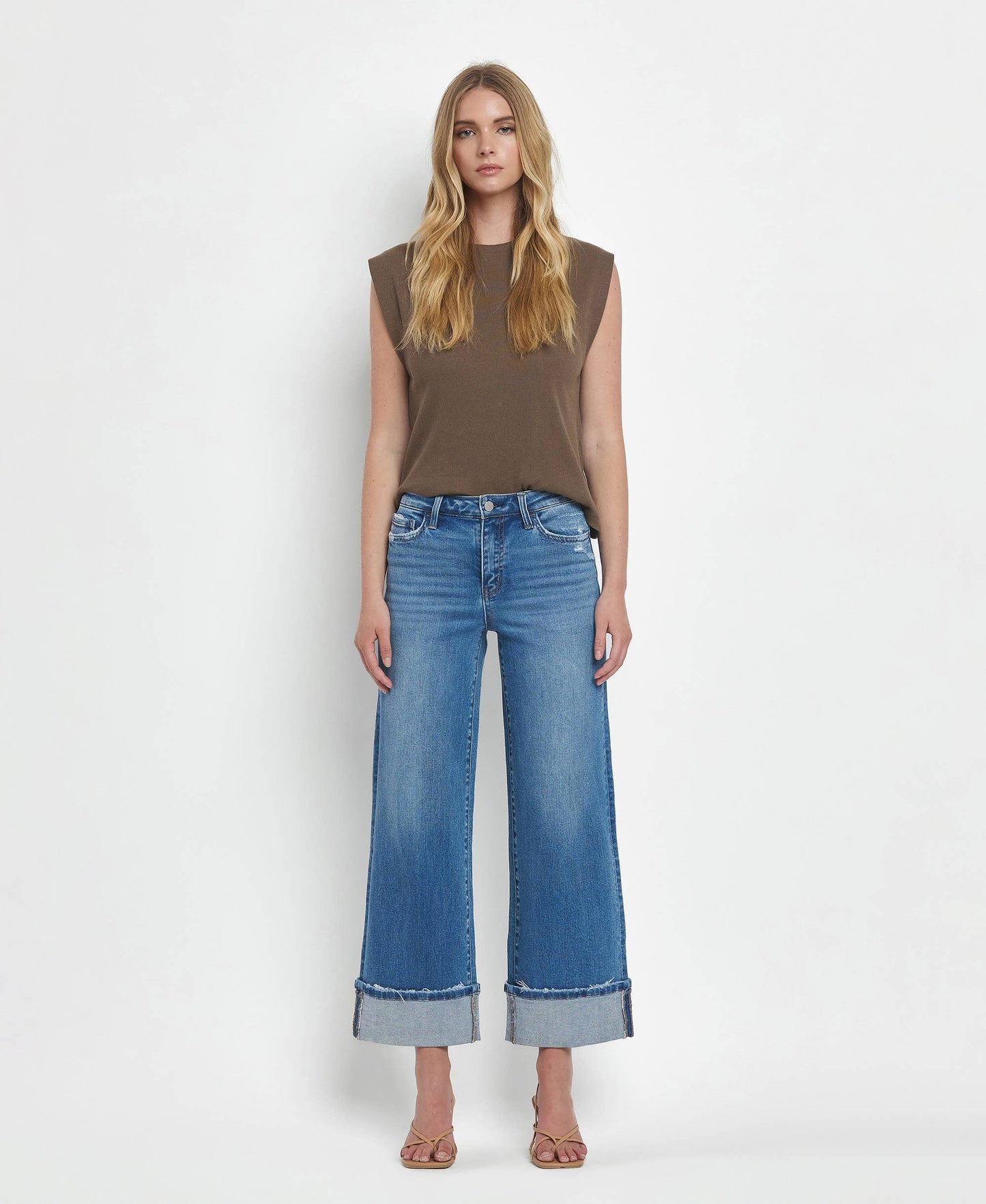 FLYING MONKEY - HIGH RISE CUFFED WIDE JEANS F5890: MOORLAND / 29