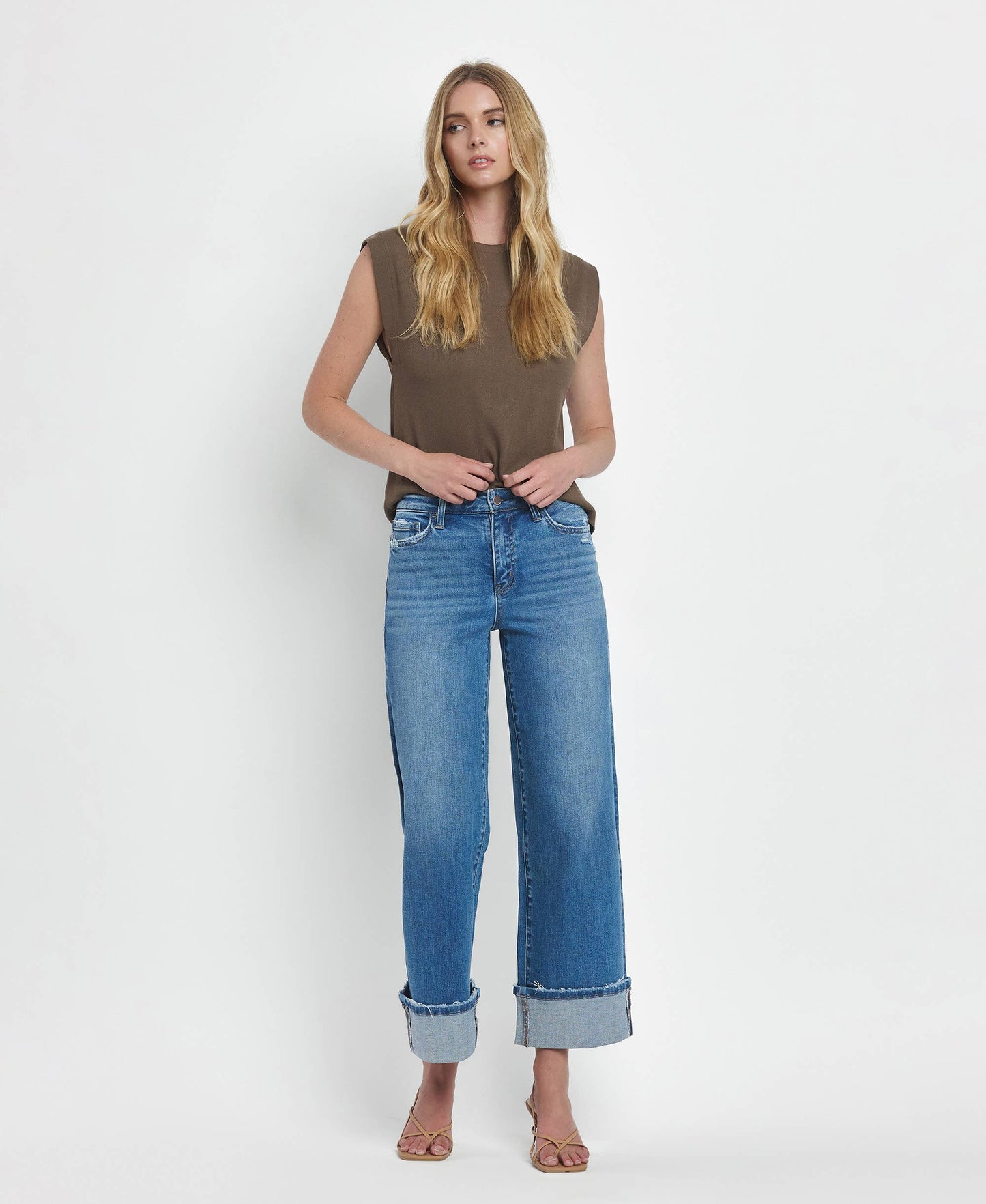 FLYING MONKEY - HIGH RISE CUFFED WIDE JEANS F5890: MOORLAND / 27