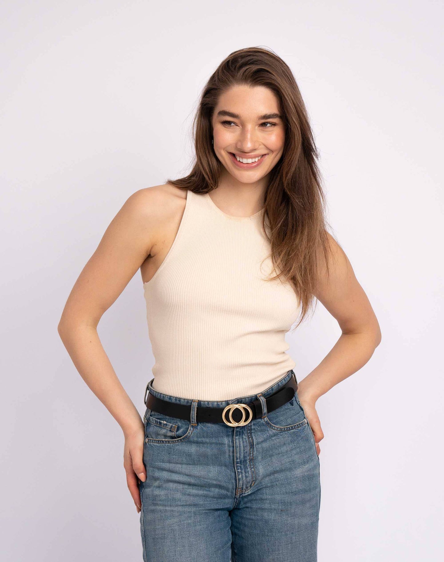Amsterdam Heritage Belts, Bags, Apparel, Jackets - Caia | Double Ring Leather Belt with Gold Buckle: Cognac / M/L-95