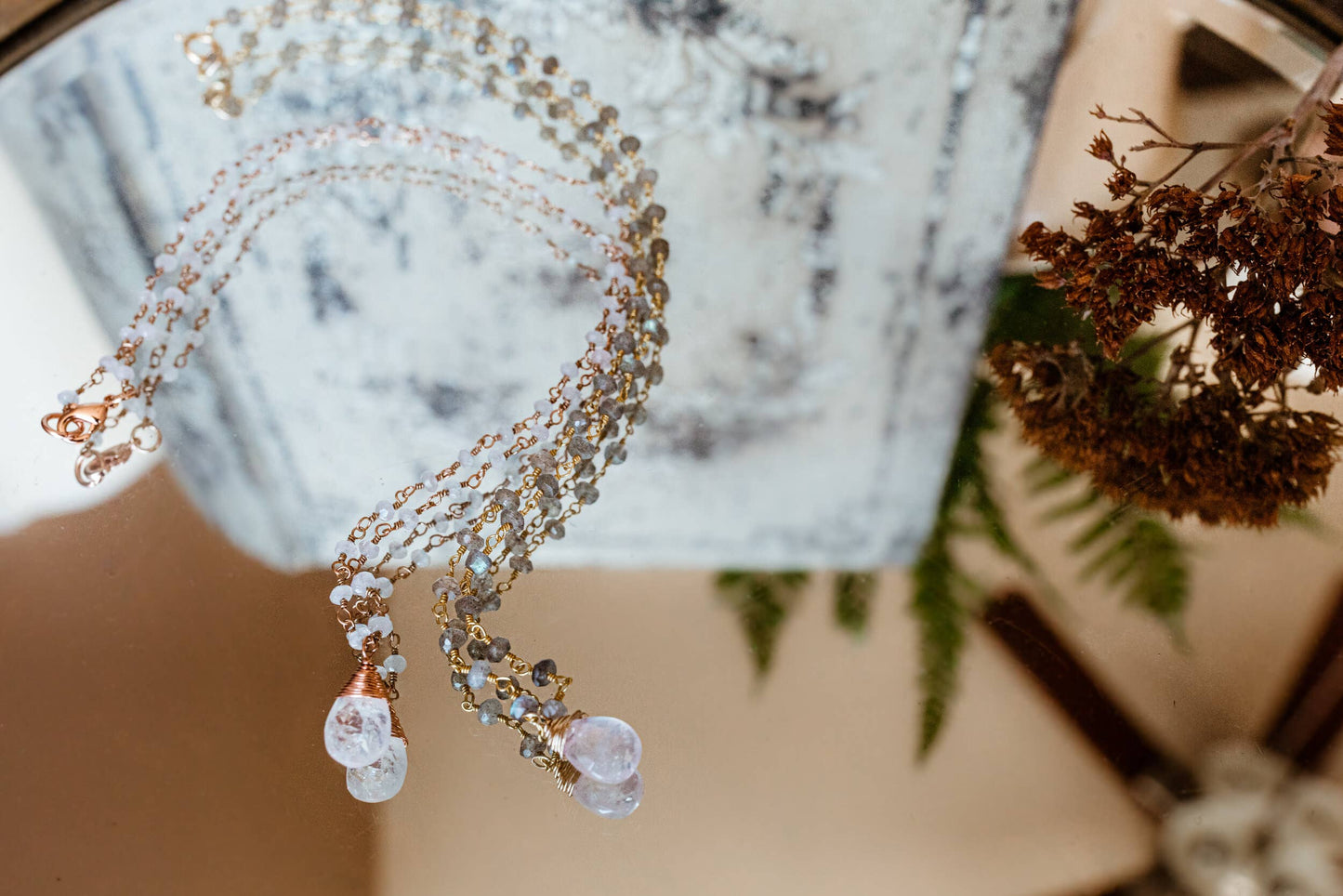 HER Story - Rosary + Briolette Necklace: Peach Moonstone Gold Plated Chain with Moonstone Drop