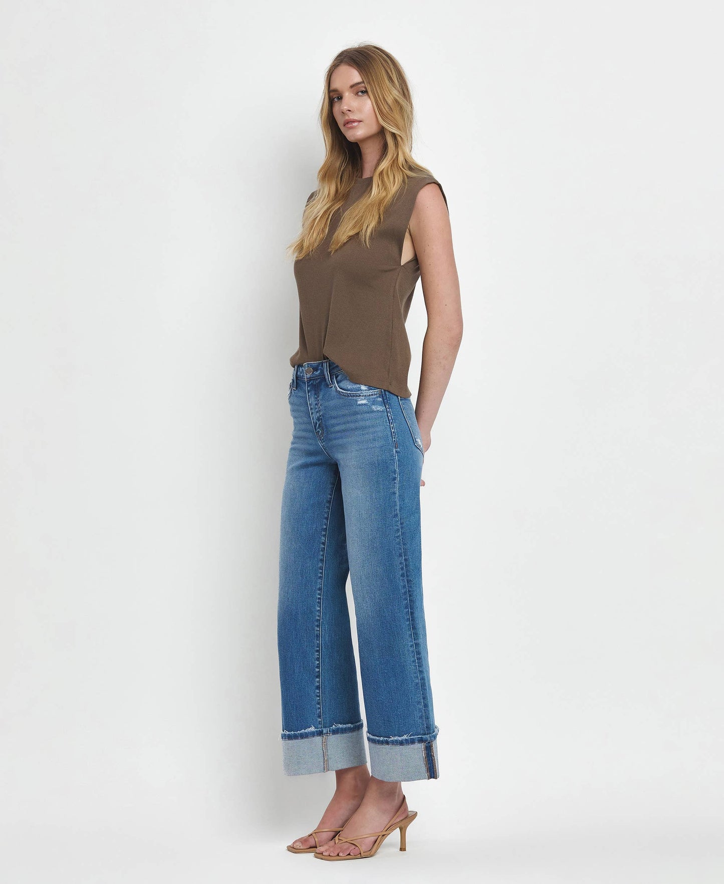 FLYING MONKEY - HIGH RISE CUFFED WIDE JEANS F5890: MOORLAND / 29