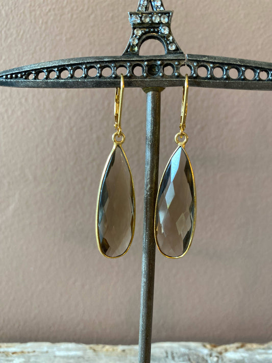HER Story - Bezel Earrings - Long Teardrop: Smokey Quartz / Gold Plated