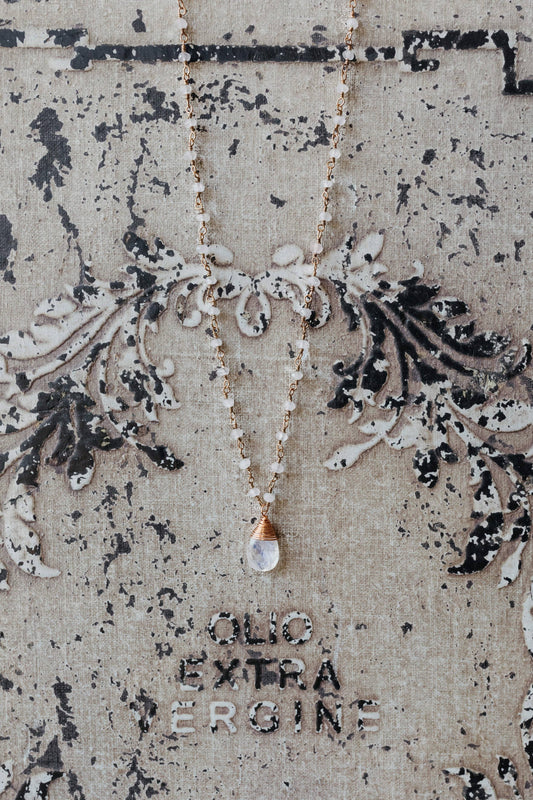 HER Story - Rosary + Briolette Necklace: Labradorite Gold Plated Chain with Rose Quartz Drop