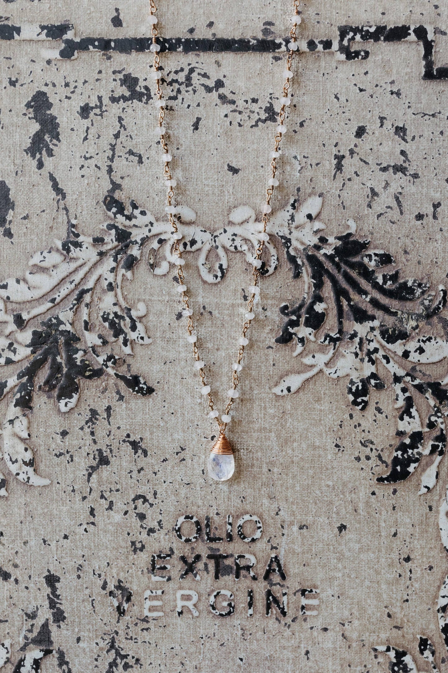 HER Story - Rosary + Briolette Necklace: Peach Moonstone Gold Plated Chain with Moonstone Drop