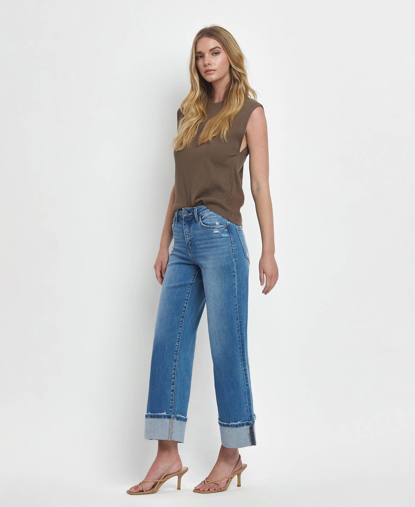 FLYING MONKEY - HIGH RISE CUFFED WIDE JEANS F5890: MOORLAND / 27