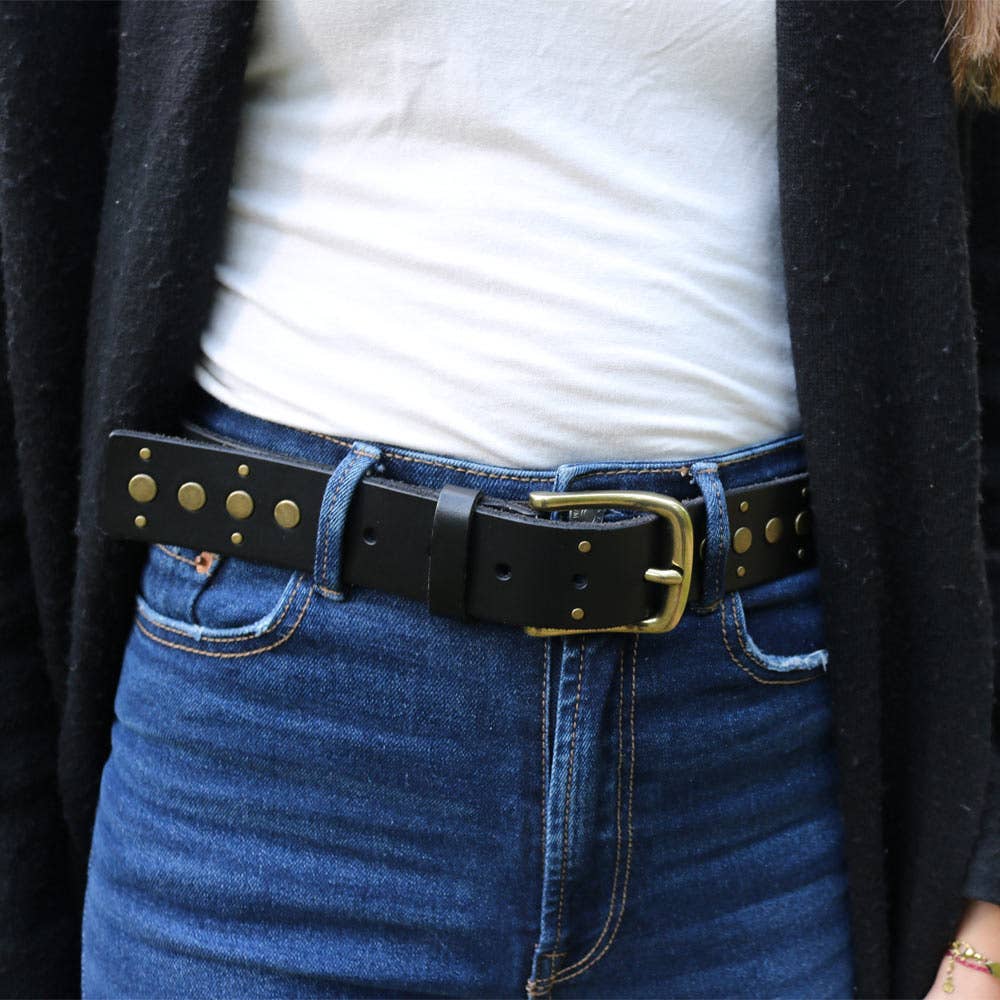 40044 Faye | Studded Vintage Leather Belt: S-85 / Black