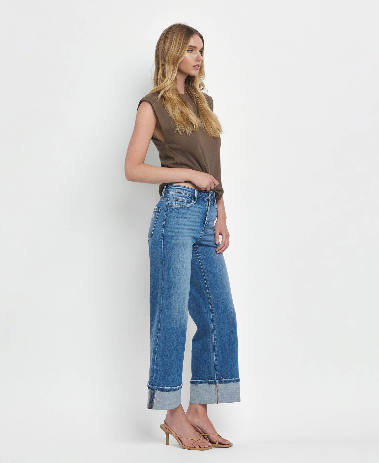 FLYING MONKEY - HIGH RISE CUFFED WIDE JEANS F5890: MOORLAND / 29