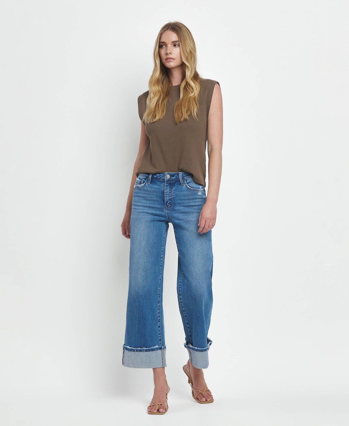 FLYING MONKEY - HIGH RISE CUFFED WIDE JEANS F5890: MOORLAND / 29