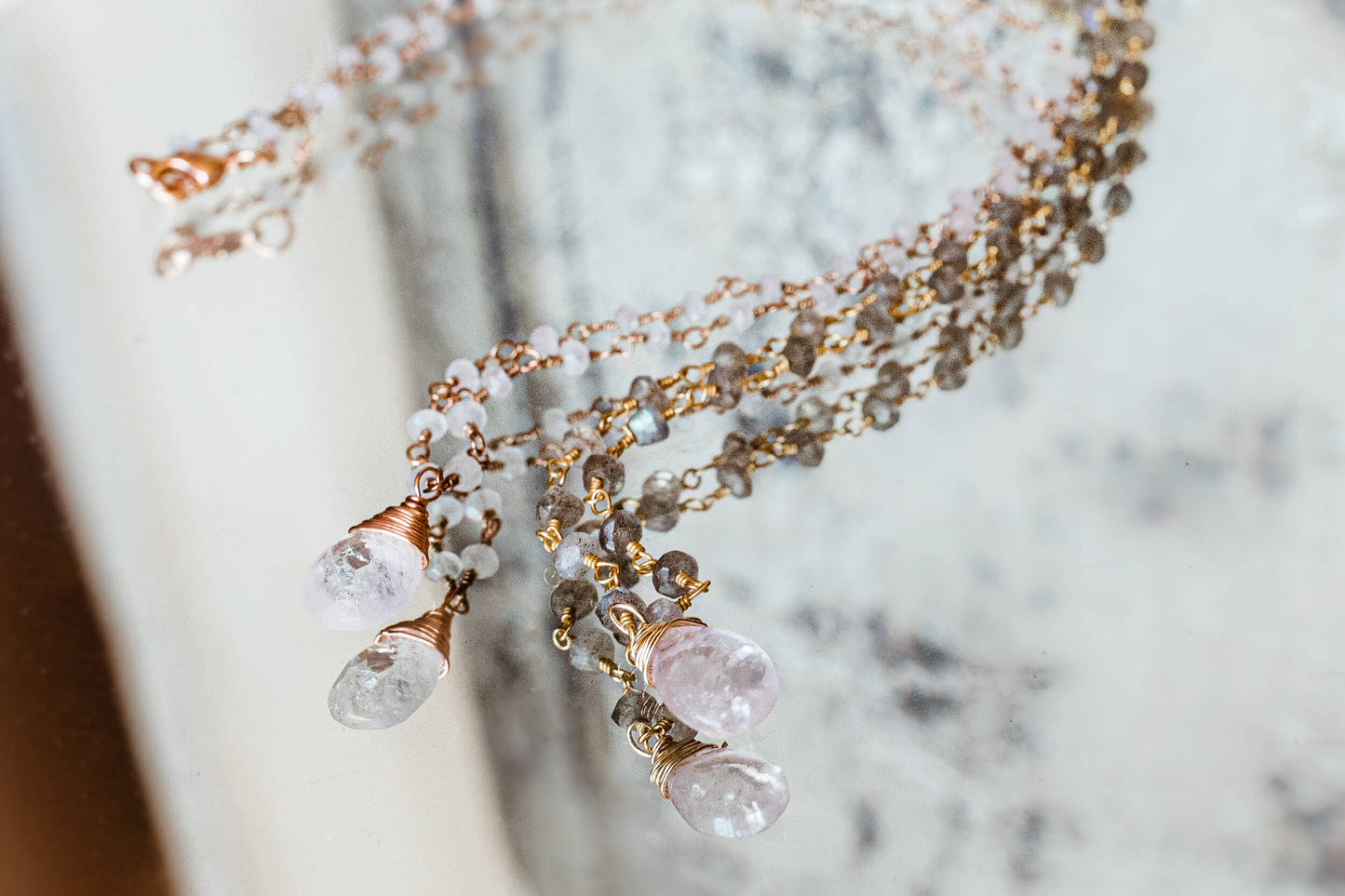 HER Story - Rosary + Briolette Necklace: Peach Moonstone Gold Plated Chain with Moonstone Drop