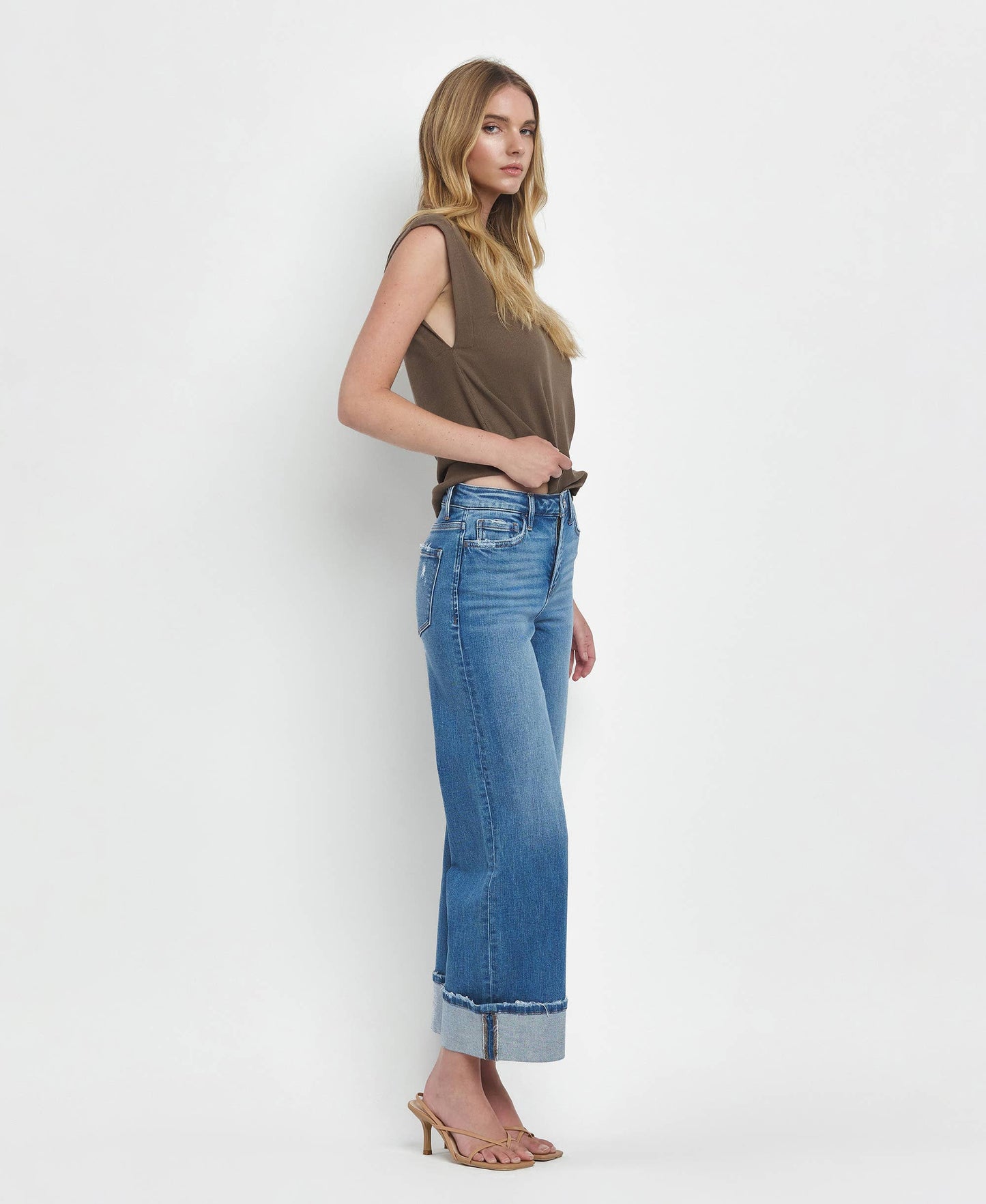FLYING MONKEY - HIGH RISE CUFFED WIDE JEANS F5890: MOORLAND / 29