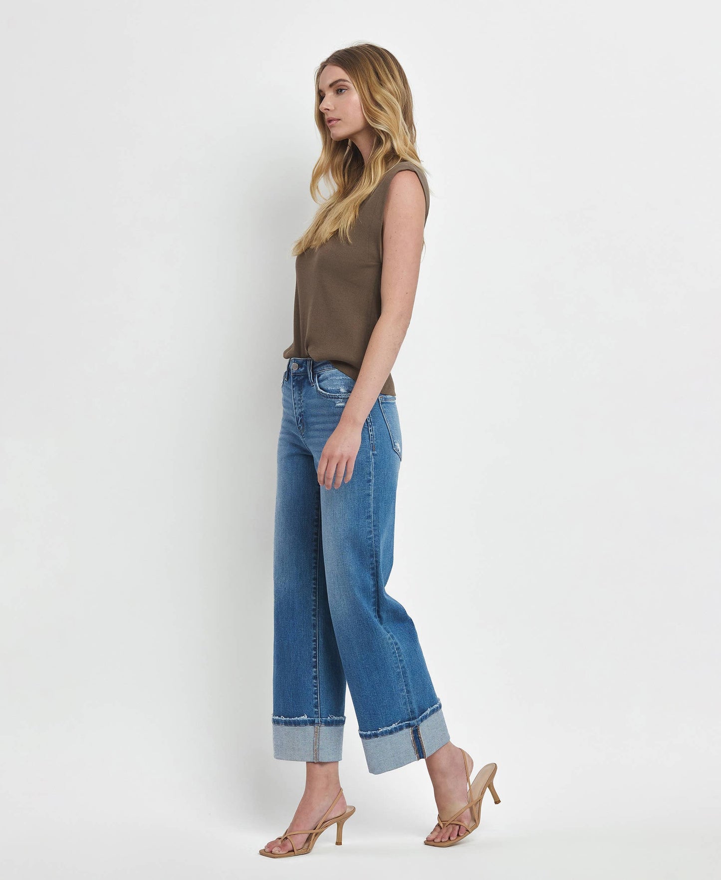 FLYING MONKEY - HIGH RISE CUFFED WIDE JEANS F5890: MOORLAND / 29