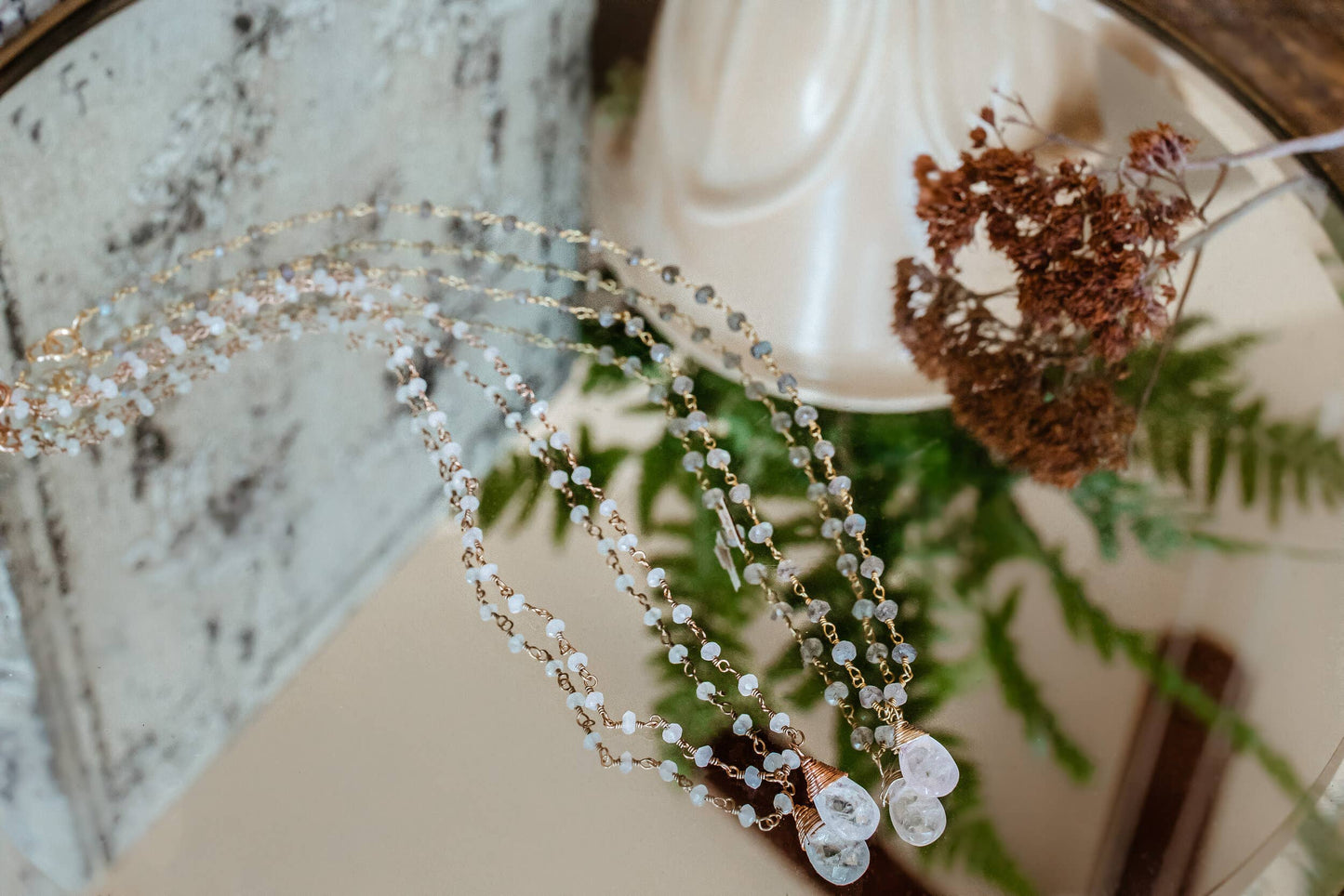 HER Story - Rosary + Briolette Necklace: Peach Moonstone Gold Plated Chain with Moonstone Drop