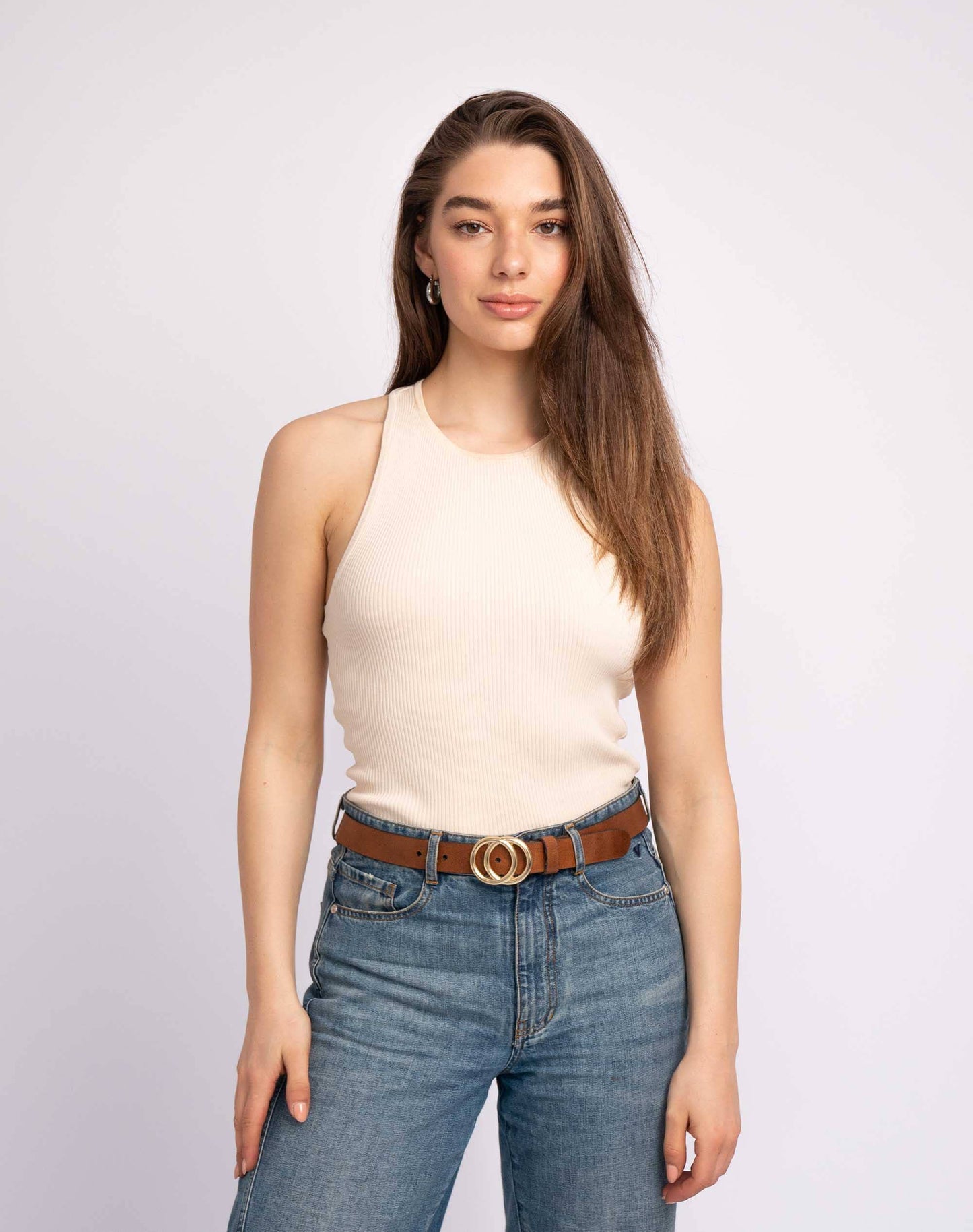 Amsterdam Heritage Belts, Bags, Apparel, Jackets - Caia | Double Ring Leather Belt with Gold Buckle: Cognac / M/L-95
