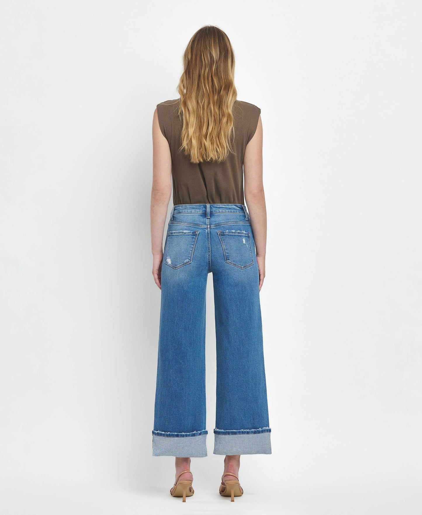 FLYING MONKEY - HIGH RISE CUFFED WIDE JEANS F5890: MOORLAND / 27