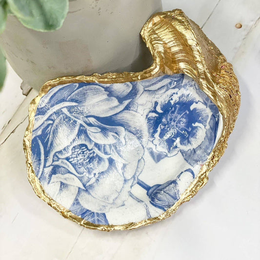 Alison Brooke Designs - Vintage Blue Flowers Oyster Trinket Dish